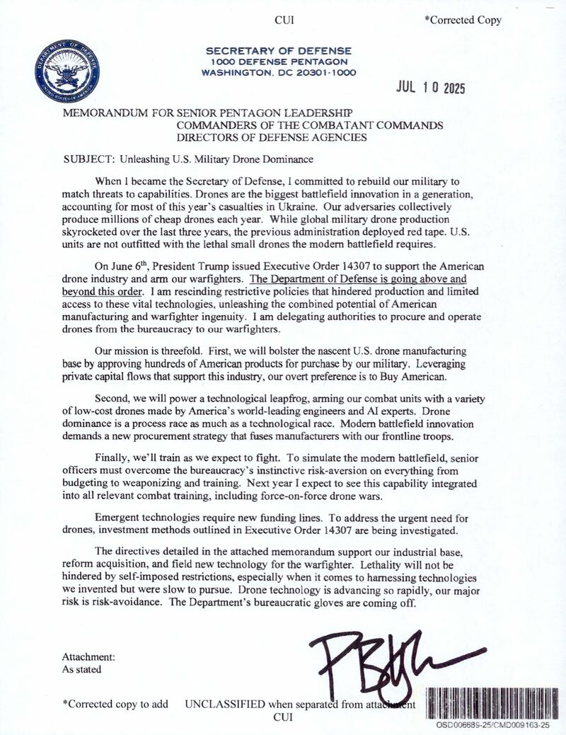 In a July memo, Hegseth signaled the Pentagon planned to bulldoze regulations he believed were slowing military drone deployment.