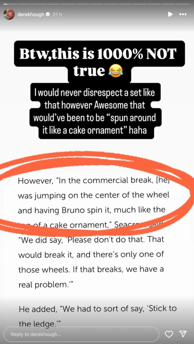 Screenshot of Derek Hough's Instagram story