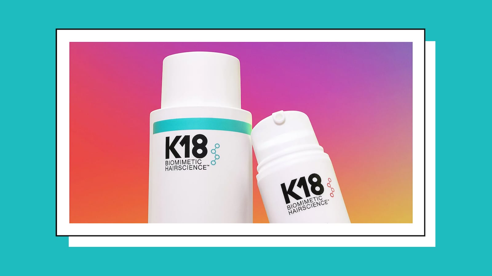 K18 biomimetic hair science Peptide Prep detox shampoo and molecular repair hair mask displayed against a colorful gradient background.