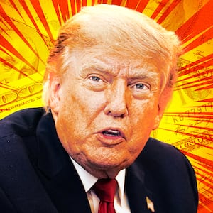 A photo illo illustration of Donald Trump and money.
