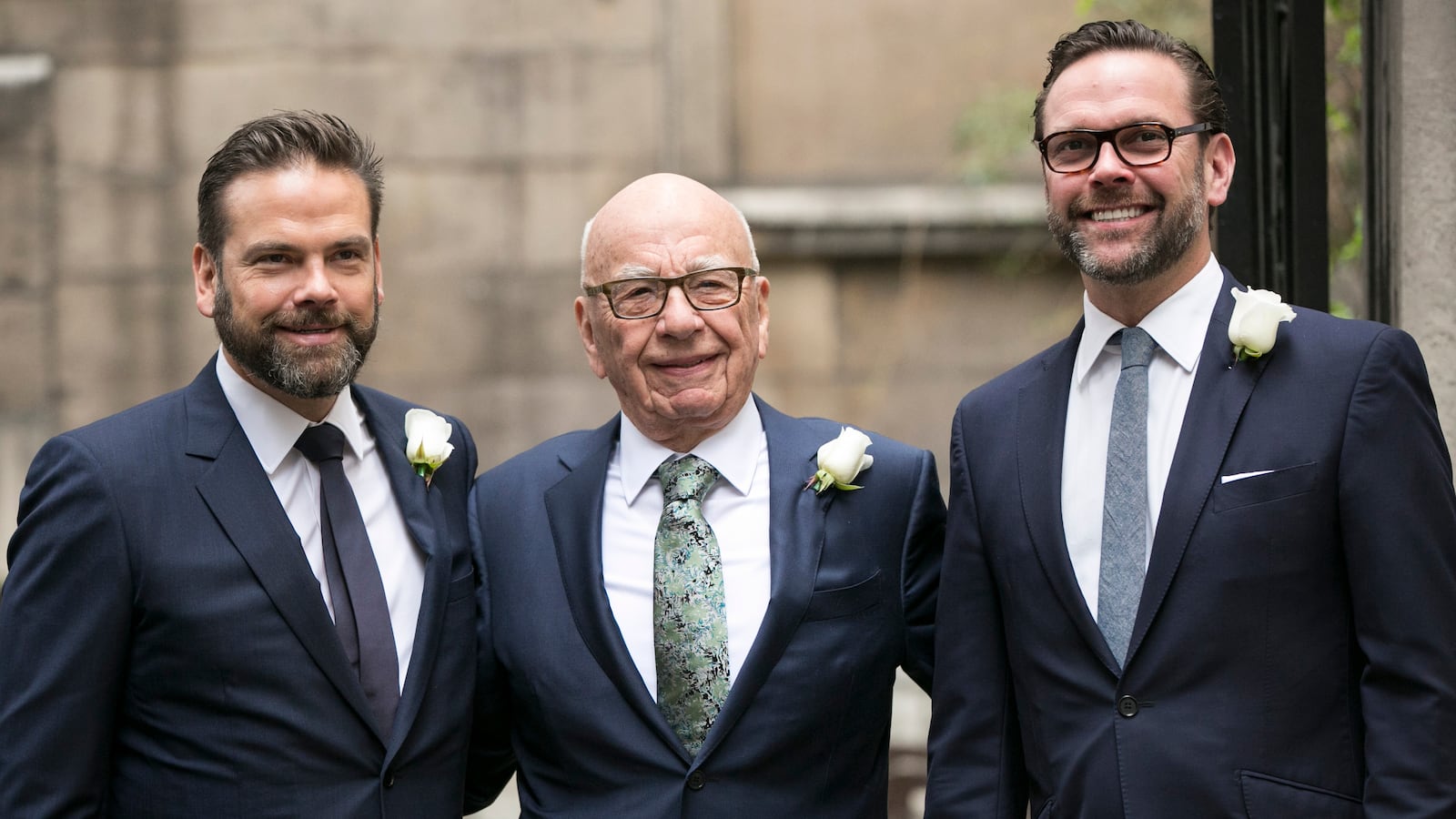 LONDON, ENGLAND - MARCH 05: Rupert Murdoch arrives at St Bride's Church in London accompanied by his sons James (right) and Lachlan (left) for a ceremony of celebration a day after the media mogul officially married Jerry Hall. on March 5, 2016 in London, England. (Photo by John Phillips/Getty Images)