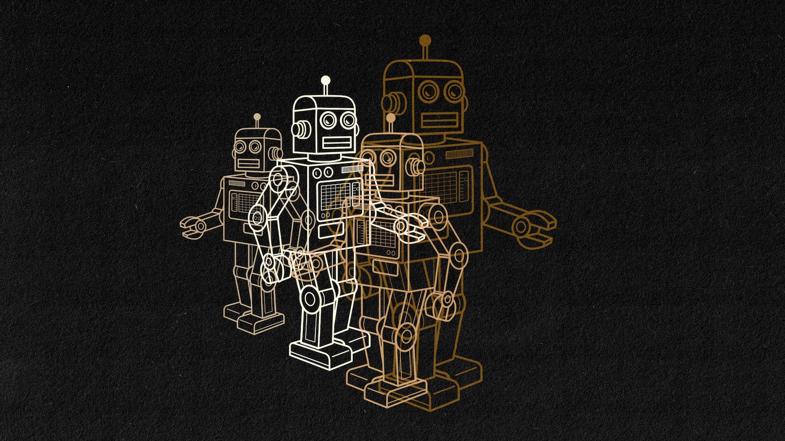 A photo illustration featuring robots overlayed with different skin tones