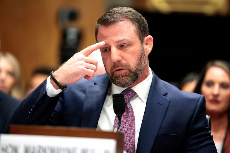 U.S. Senator Markwayne Mullin, President Donald Trump's nominee to be Homeland Security secretary, testifies before a Senate Homeland Security and Governmental Affairs Committee confirmation hearing