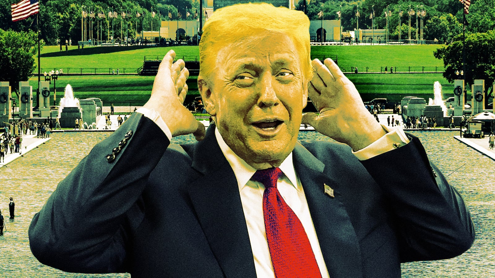 A photo illo illustration of Donald Trump in front of the D.C. Reflecting Pool.