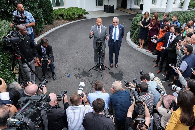 Jeffries and Schumer addressed reporters after meeting with Trump and other top congressional leaders Monday. Trump himself didn't weigh in until posting the AI video of the two.