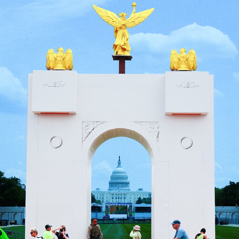 A photo illo illustration of the scale replica of President Donald Trump's 250-foot-tall "Triumphal Arch" stands in the middle of the National Mall along 7th Street Northwest on June 22, 2026 in Washington, DC. The display is part of Trump's Freedom 250 Great American State Fair, which will fill the mall with 150 exhibits from all 56 states and territories from June 25 to July 10.