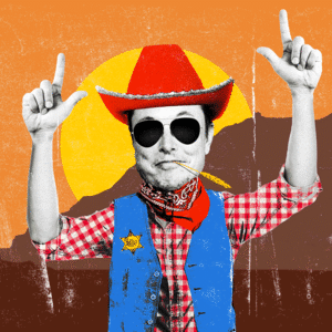 Elon Musk dressed as a cowboy with alternating raised arms as finger guns in front of a desert background with a windmill
