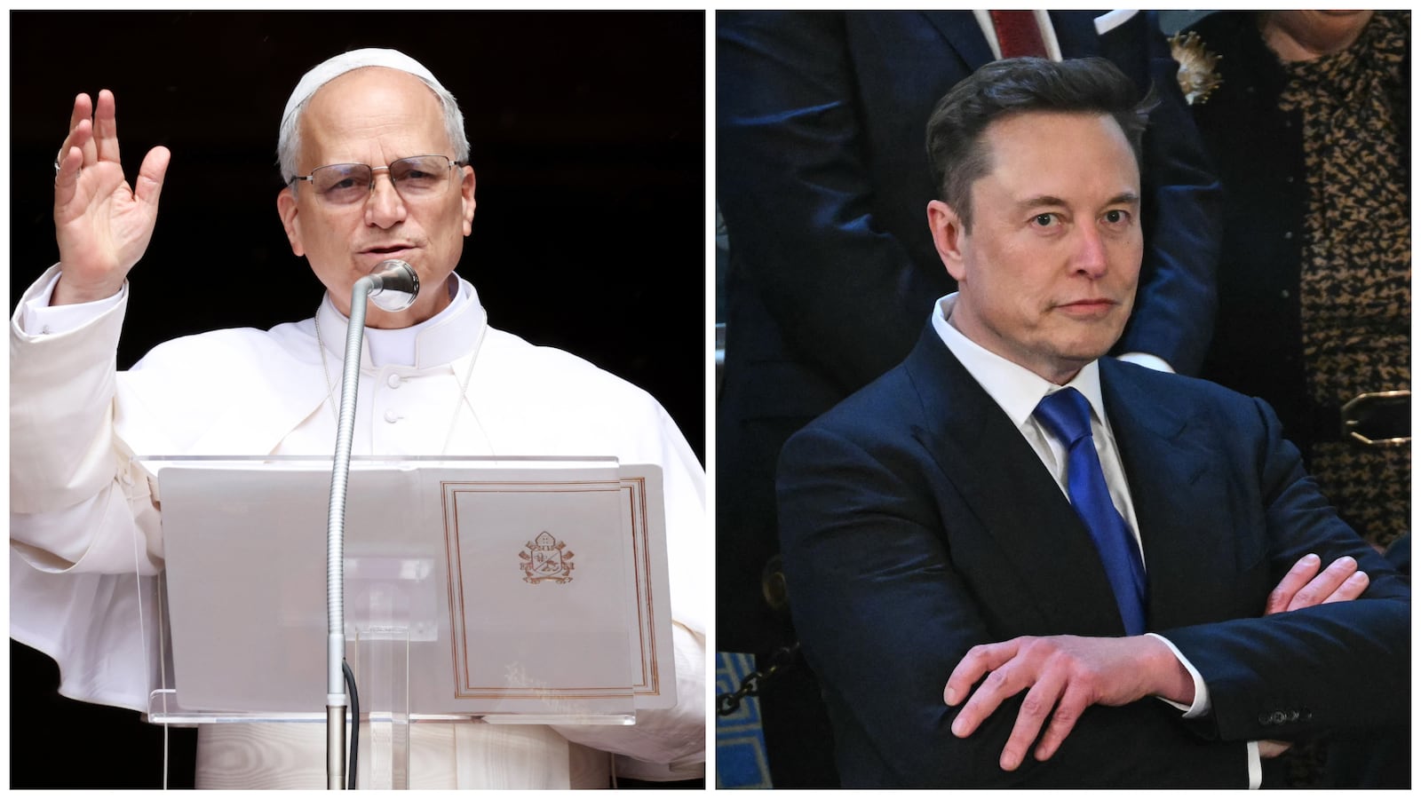 Left: Pope Leo XIV; Right: Tesla CEO Elon Musk