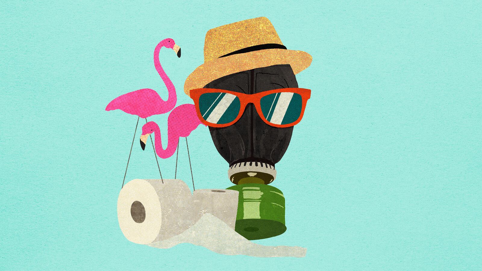 Gas mask wearing a straw hat and sunglasses with toilet paper and lawn flamingos on a blue background