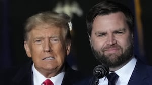 President Donald Trump JD Vance greet supporters during the rally at the Dayton International Airport on November 7, 2022 in Vandalia, Ohio.