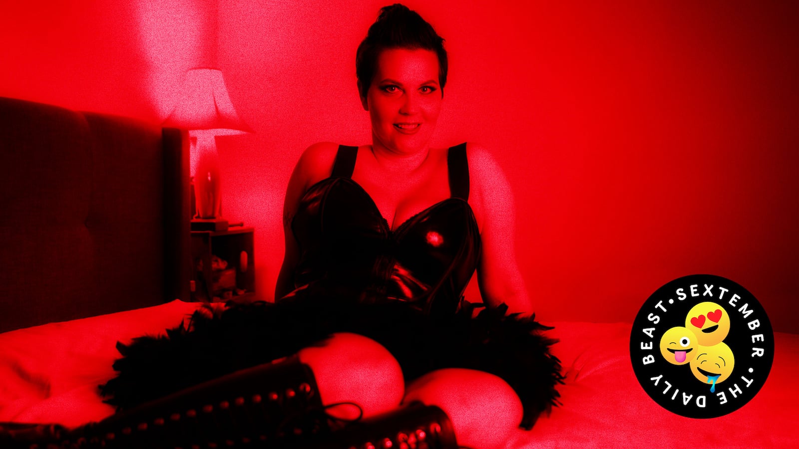 A photo illustration showing a portrait of Tristan Taormino reclining on a bed with the Sextember badge