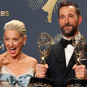 Katherine LaNasa Best Supporting Actress in a Drama Series, and Noah Wyle Best Actor in a Drama Series for "The Pitt", which won Best Drama Series, pose with Shawn Hatosy at the 77th Primetime Emmy Awards in Los Angeles, California, U.S., September 14, 2025