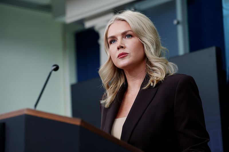 White House Press Secretary Karoline Leavitt (R) speaks during a press briefing in the Brady Press Briefing Room of the White House on October 06, 2025 in Washington, DC.