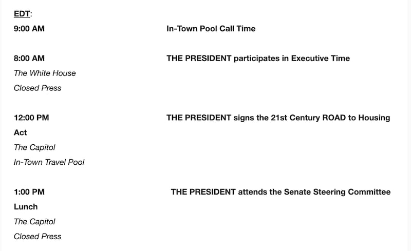 An example of how "Executive Time" shows up on the president's White House schedule. This was the schedule for June 24, before the president suddenly canceled the noon bill signing.