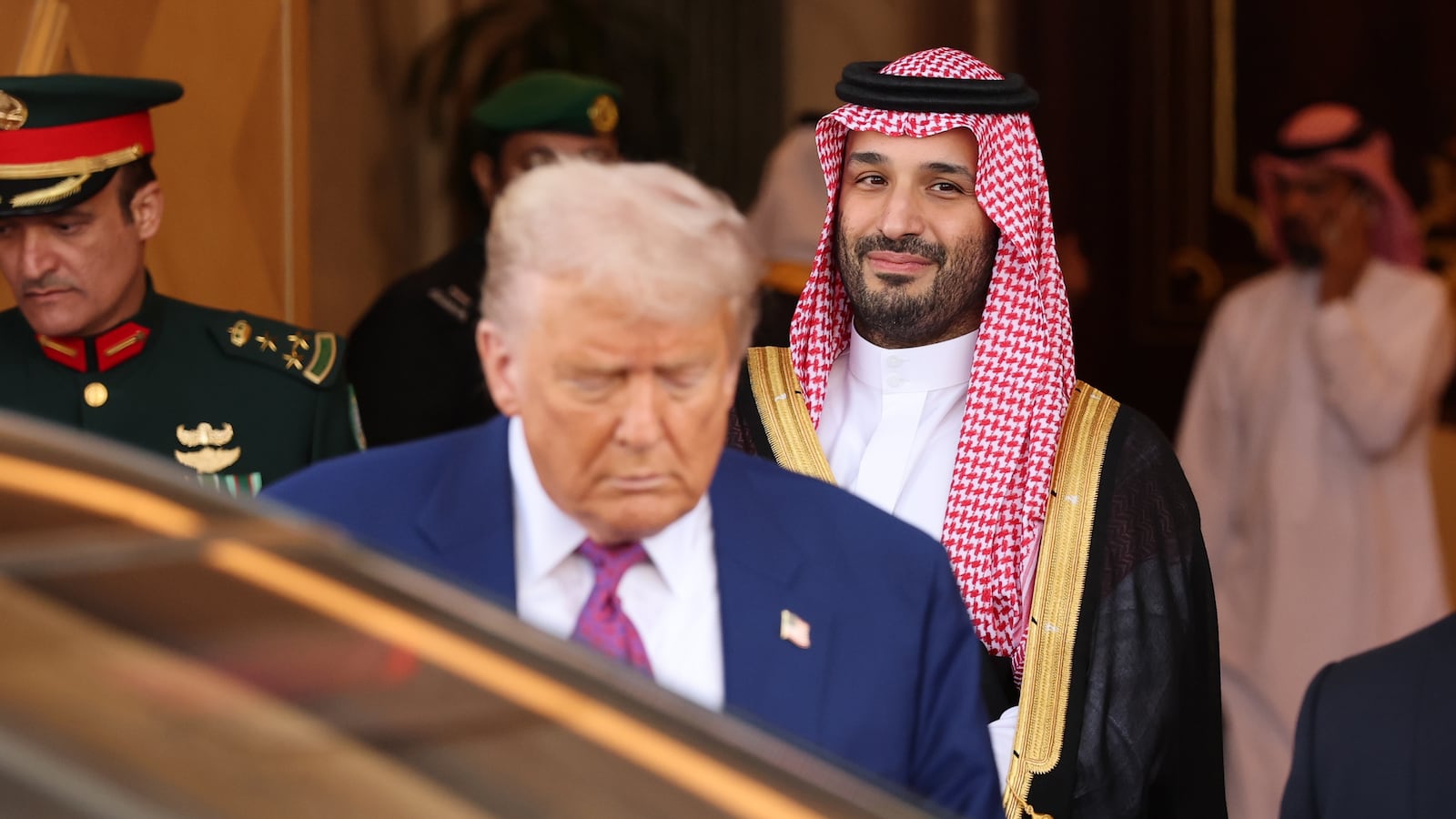 President Donald J. Trump leaves Saudi Royal Court with Saudi Crown Prince Mohammed bin Salman on May 13, 2025, in Riyadh, Saudi Arabia.