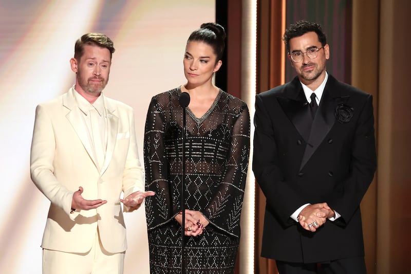 Macaulay Culkin, Annie Murphy and Dan Levy speak on stage during the 78th Primetime Emmy Awards held at the Peacock Theater on September 14, 2026.