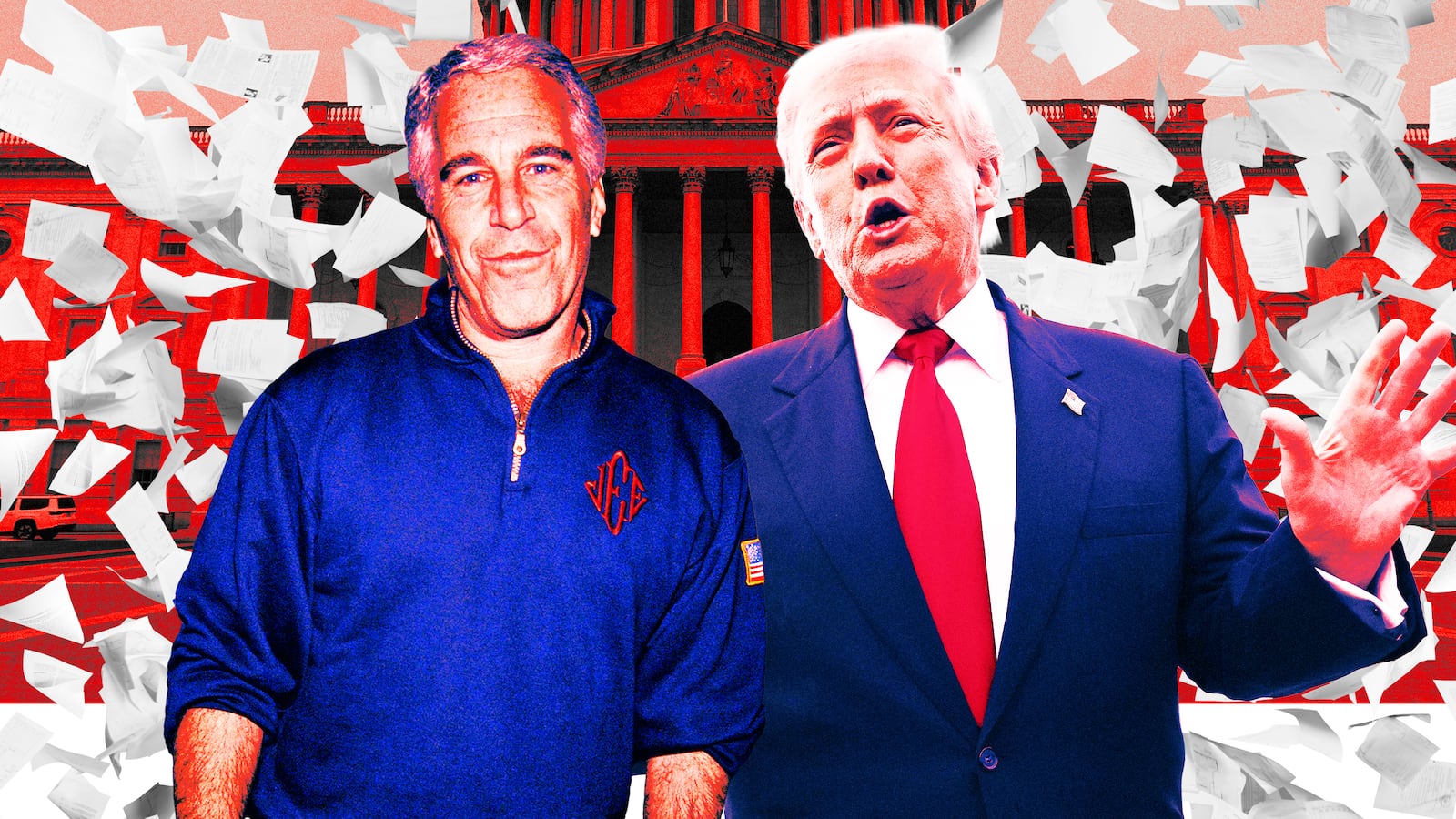 A photo illustration of Jeffrey Epstein and Trump and Congress with papers flying around.