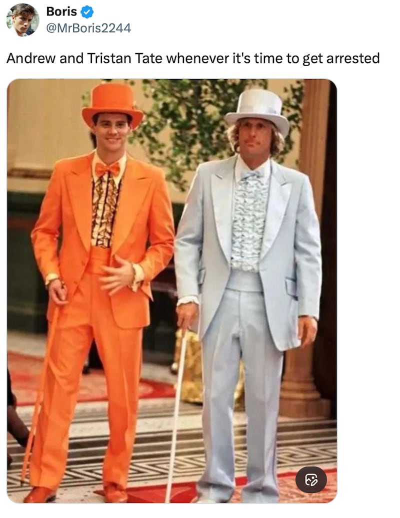 Andrew Tate's arrest outfit gets slammed on social media.