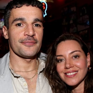 Christopher Abbott and Aubrey Plaza pose at the opening night after party for the new revival of Arthur Miller's "Death of a Salesman" on Broadway at Katz's Deli on April 9, 2026 in New York City.