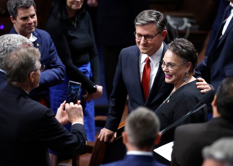 Speaker of the House Mike Johnson poses with Rep. Harriet Hageman on July 03, 2025, in Washington, DC.