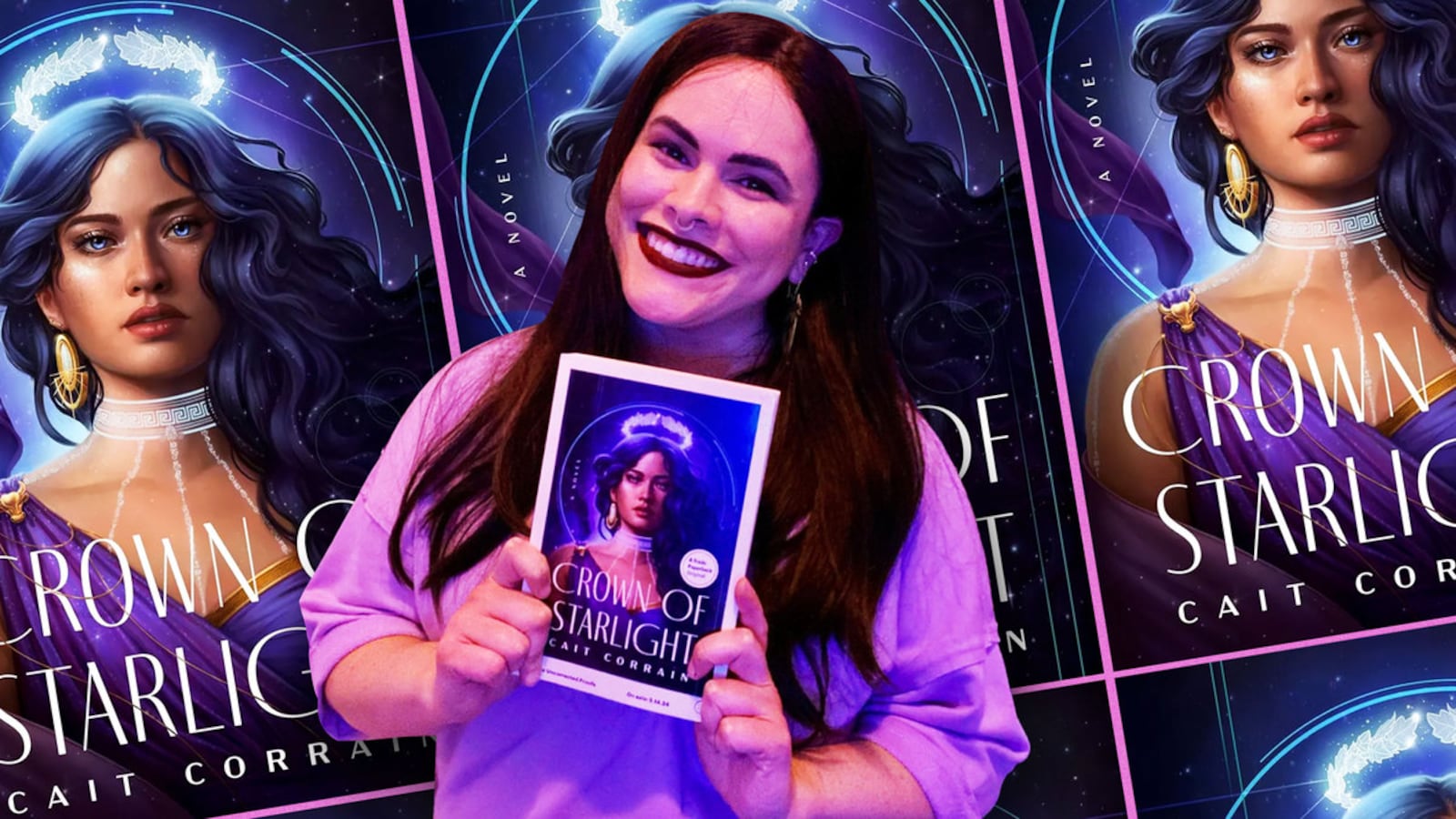 An illustration including a photo of book author Cait Corrain and her book cover Crown of Starlight