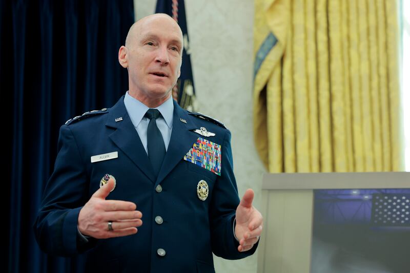 Gen. David Allvin, Chief of Staff of the Air Force, speaks  in the Oval Office of the White House on March 21, 2025.