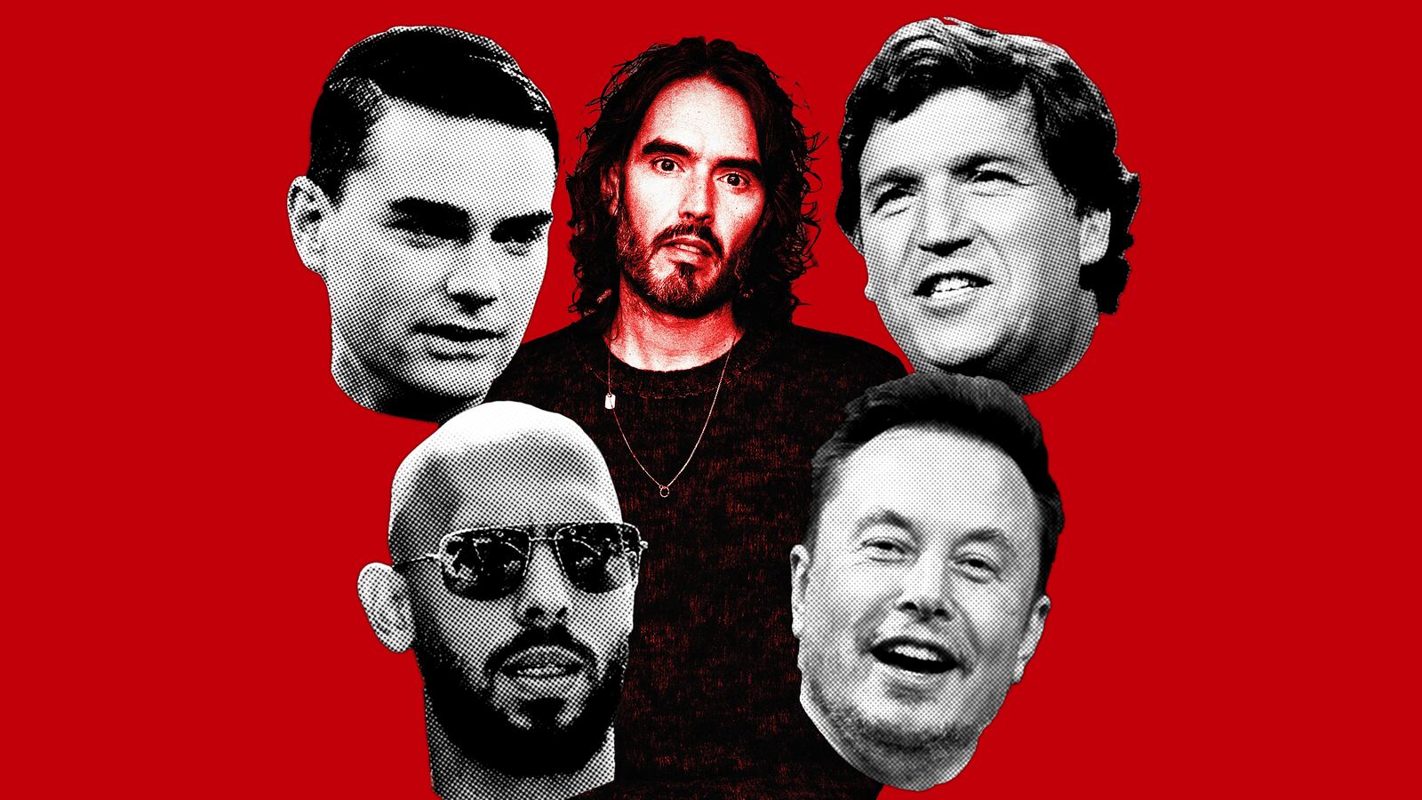 A photo illustration of Andrew Tate, Ben Shapiro, Tucker Carlson and Elon Musk.