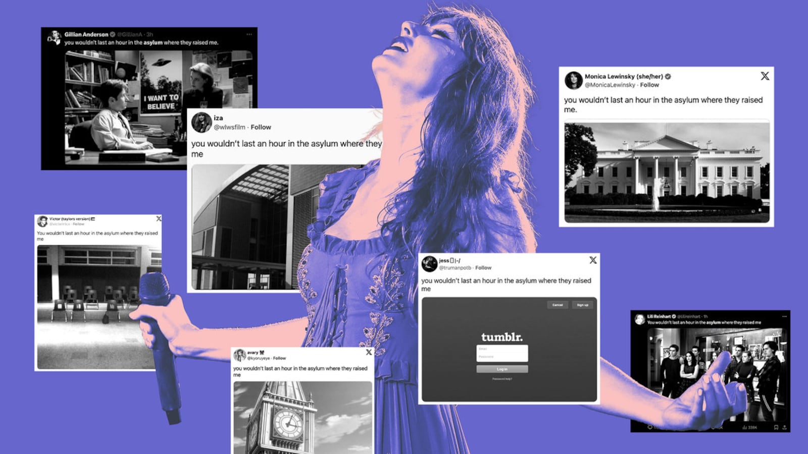 A photo illustration of Taylor Swift surrounded by X posts