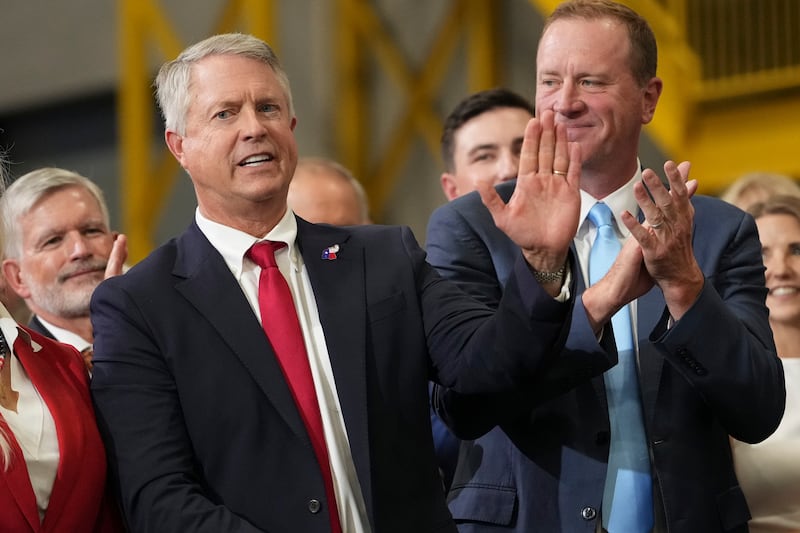 SLF is rushing to help Kansas Senator Roger Marshall, pictured standing alongside GOP Sen. Eric Schmitt at an event with Vice President JD Vance at Webco Manufacturing on September 14, 2026, in Olathe, Kansas.