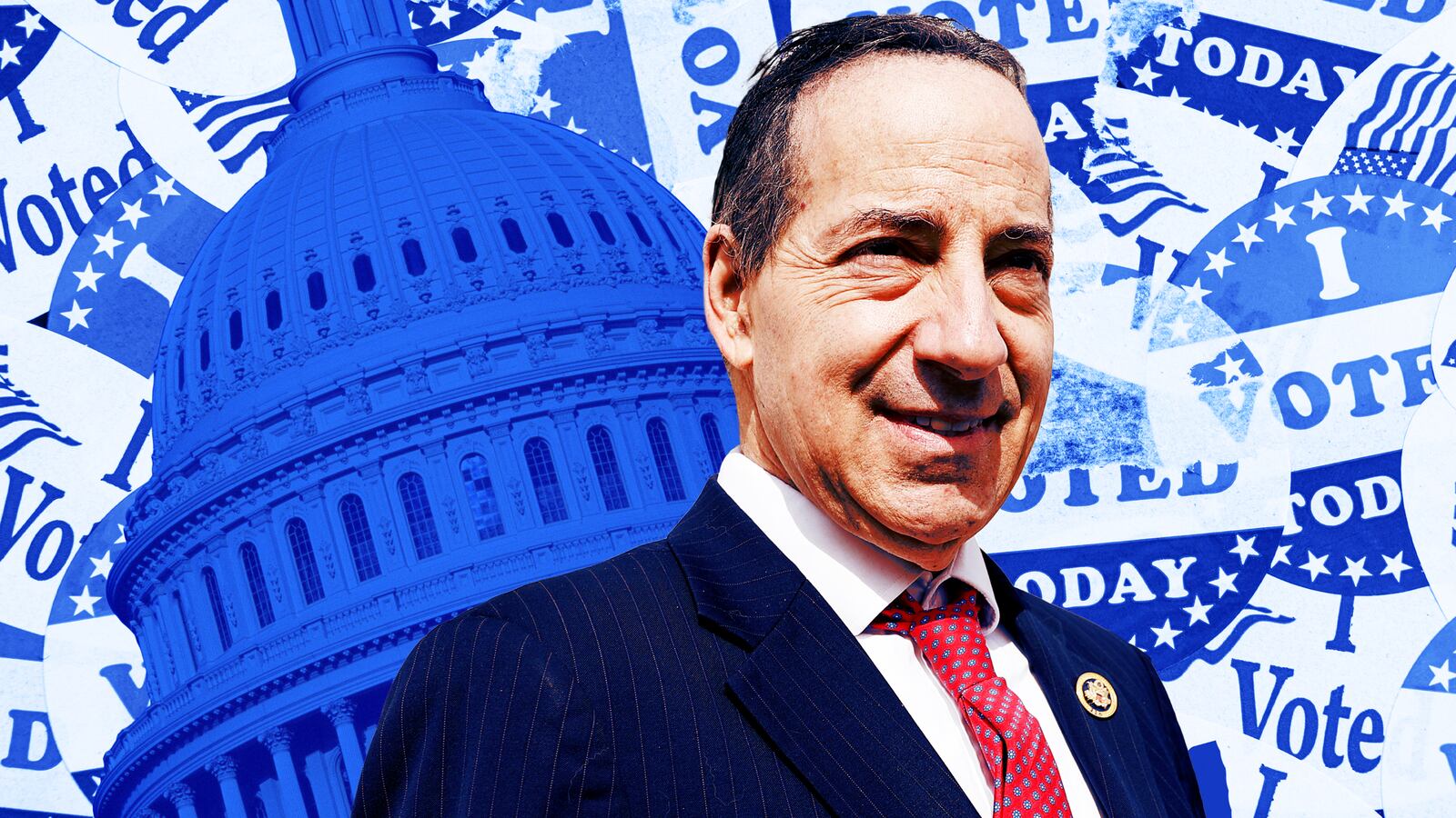 A photo illustration of Rep. Jamie Raskin, the Capitol building, and I Voted stickers.