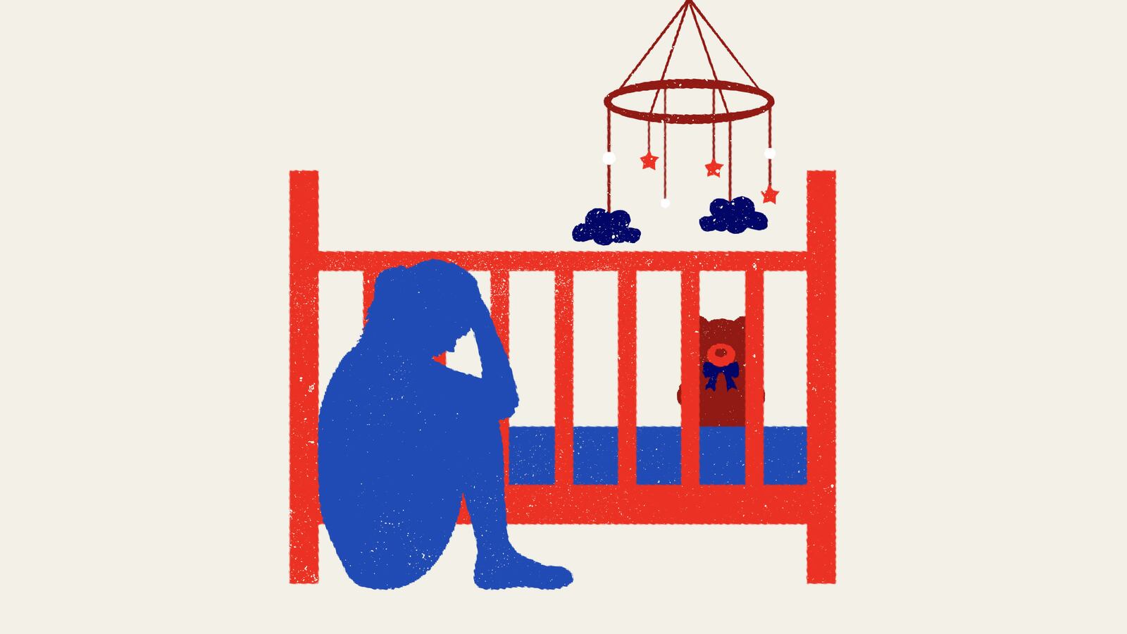 Illustration of woman sitting on the ground with her hands on her head with a cradle in the background