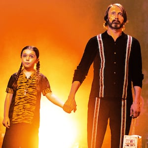 A photo illustration of Mads Mikkelsen and Sophie Sloan in Dust Bunny.