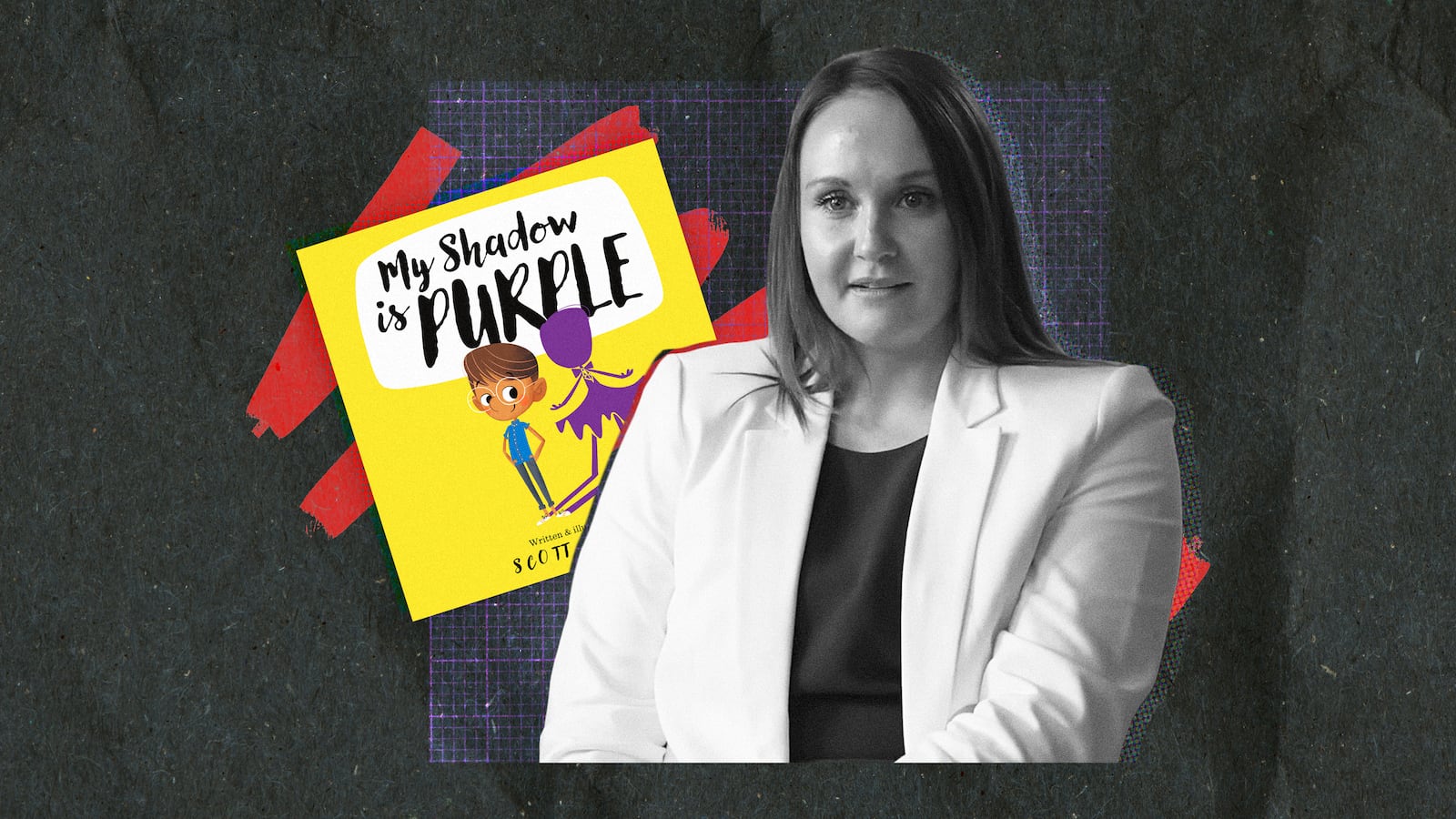 A photo composite of teacher Katie Rinderle who was fired from a Georgia school for reading the book My Shadow is Purple