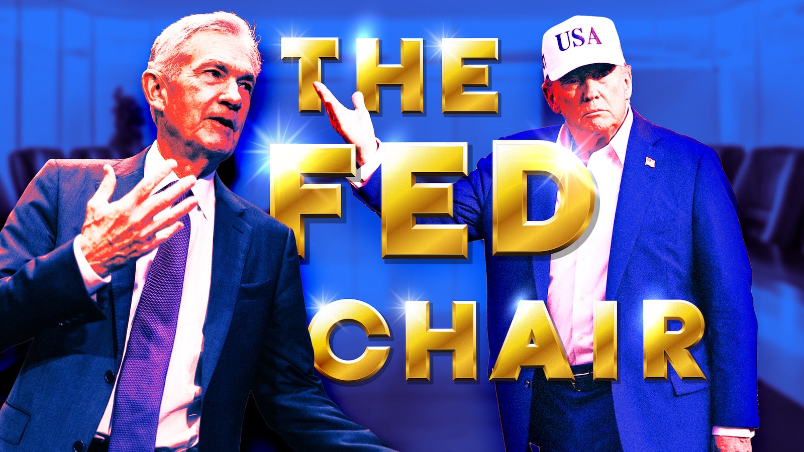 A photo illustration of Jerome Powell and President Donald Trump with golden large font that reads "The Fed Chair".
