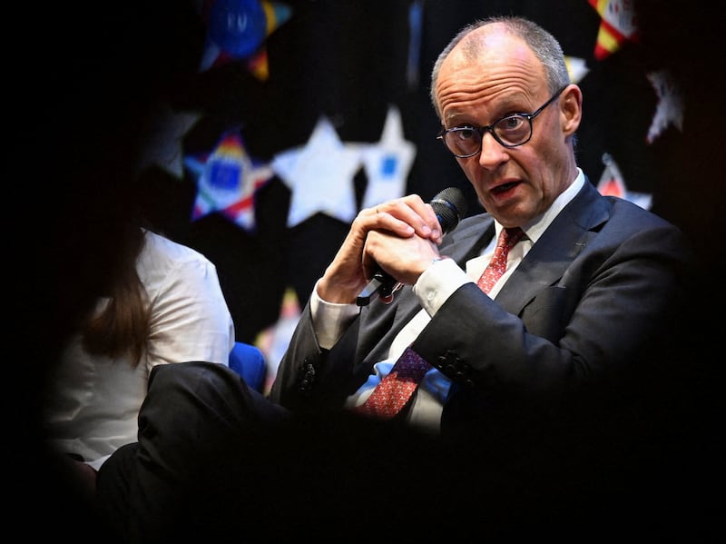 German Chancellor Friedrich Merz speaks during a panel discussion with students during his visit to the Carolus-Magnus-Gymnasium, as part of the EU Project Day in Schools, in Marsberg, Germany, April 27, 2026.