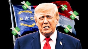A photo illustration of Donald Trump, and the North Carolina flag.