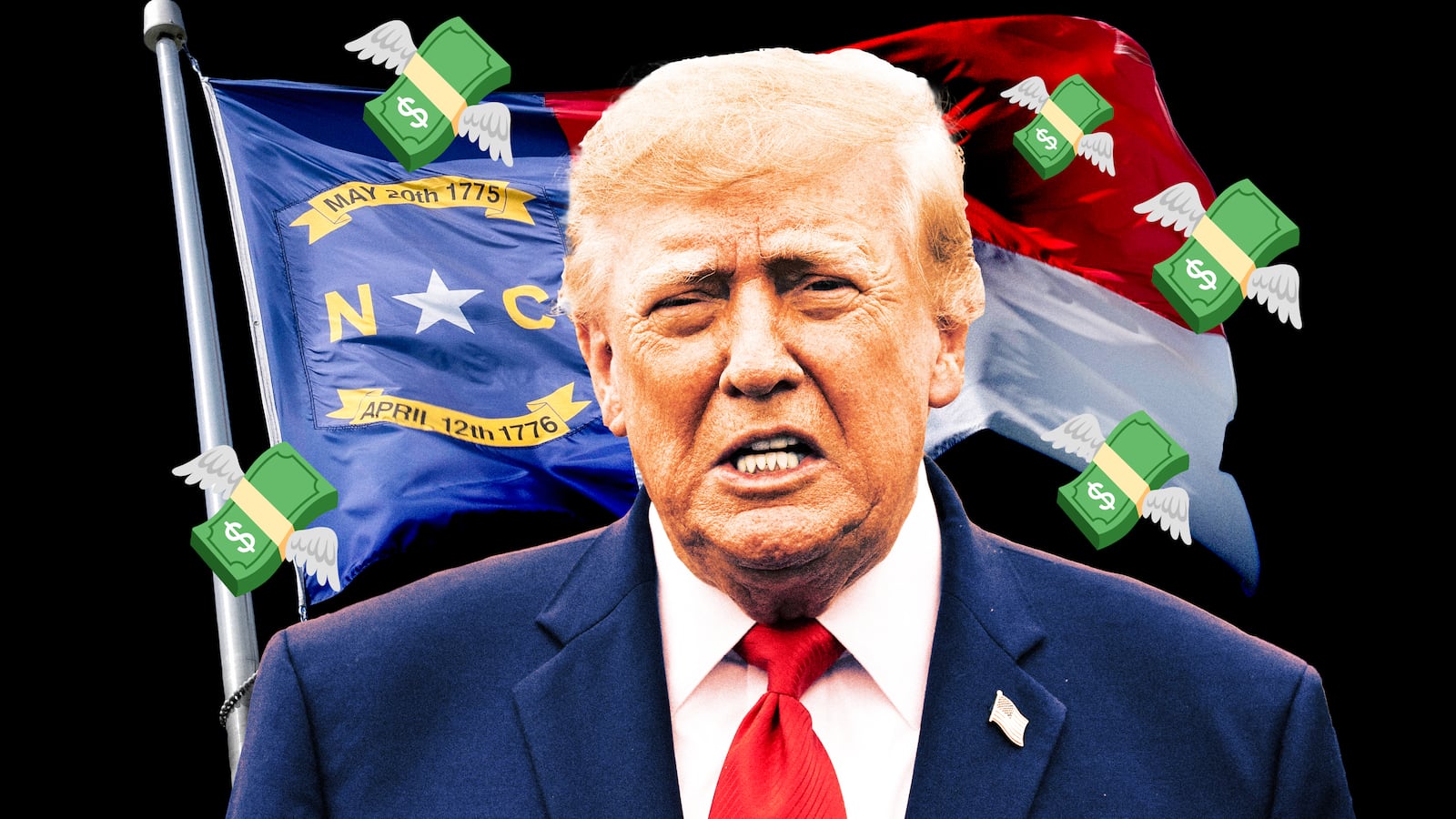 A photo illustration of Donald Trump, and the North Carolina flag.