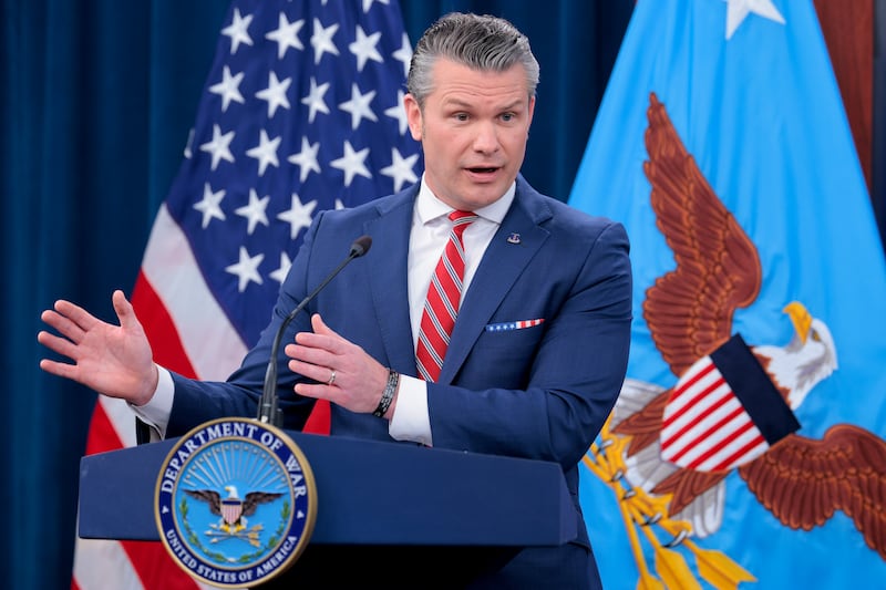 U.S. Secretary of War Pete Hegseth speaks to reporters during a press briefing at the Pentagon on May 05, 2026 in Arlington, Virginia. Tensions remain high in the Strait of Hormuz as the U.S. and Iran traded shots on Monday after Trump said the U.S. military would open the strait for shipping