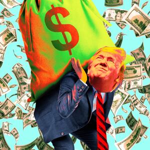 A photo illustration of Donald Trump carrying a bag of money.