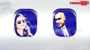 Illustration of Noem and Lewandowski looking out of plane windows.