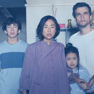 Wagner Moura, Noah Alexander Sosnowski, Riley Chung, and Greta Lee in "The Last House."