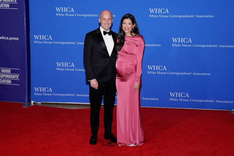 White House Deputy Chief of Staff Stephen Miller and his wife Katie Miller pose on the red carpet for the 2026 White House Correspondents' Association (WHCA) dinner in Washington, D.C., U.S., April 25, 2026.