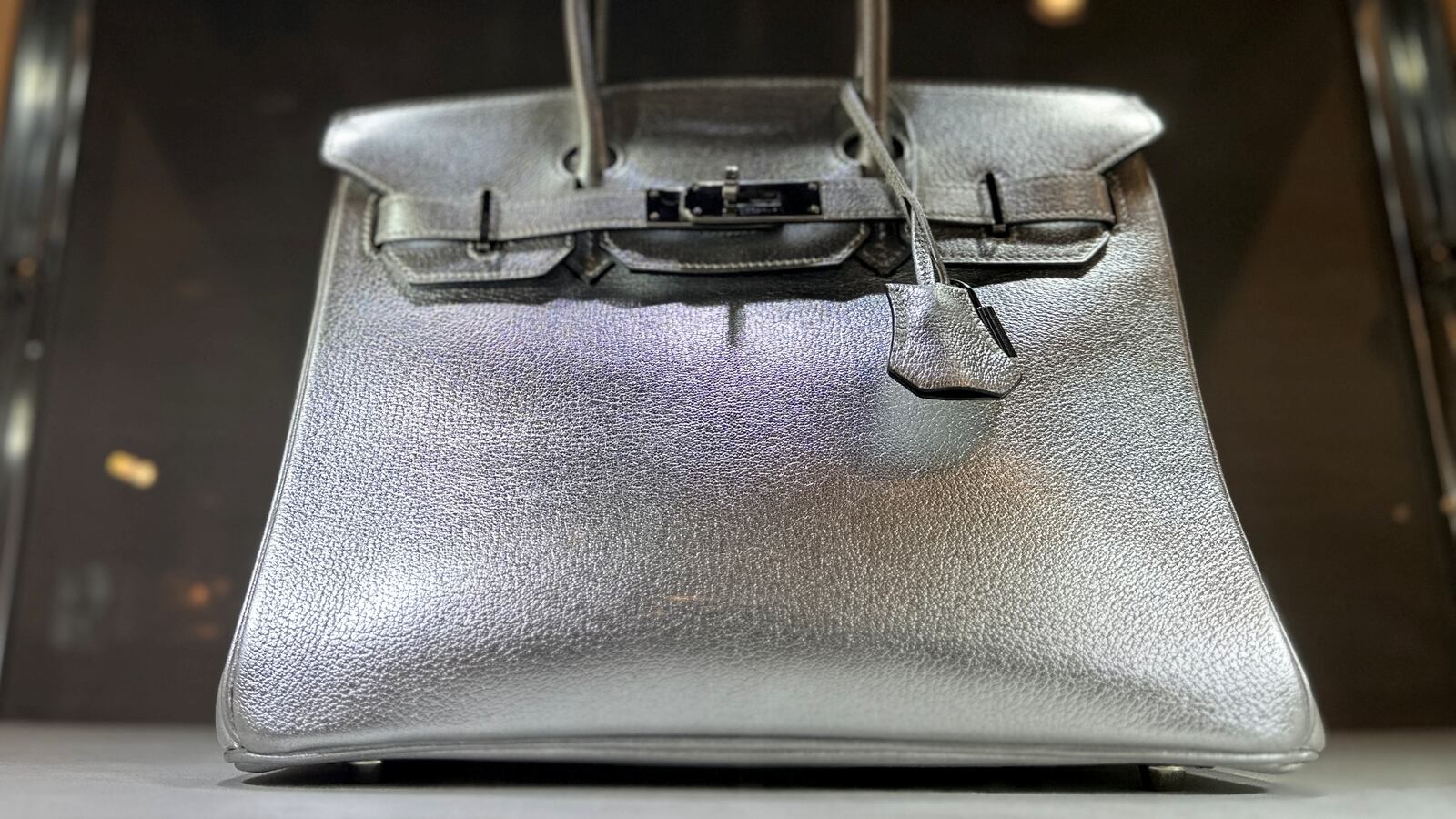 View of a Hermes Silver Metallic Chevre Birkin 30 bag up for auction at Sotheby's in New York City.