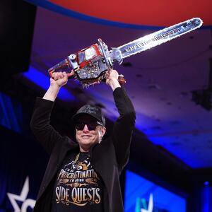 Elon Musk literally wielded a chainsaw after speaking at the Conservative Political Action Conference in February 2025.