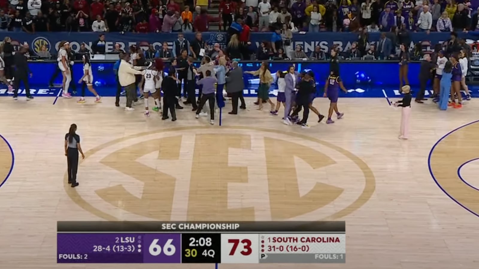 View from national TV as a scrap breaks out between South Carolina and LSU basketball players.