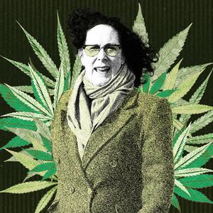 Photo illustration of Representative Val Hoyle of Oregon with weed leaves collaged behind her on a green background.