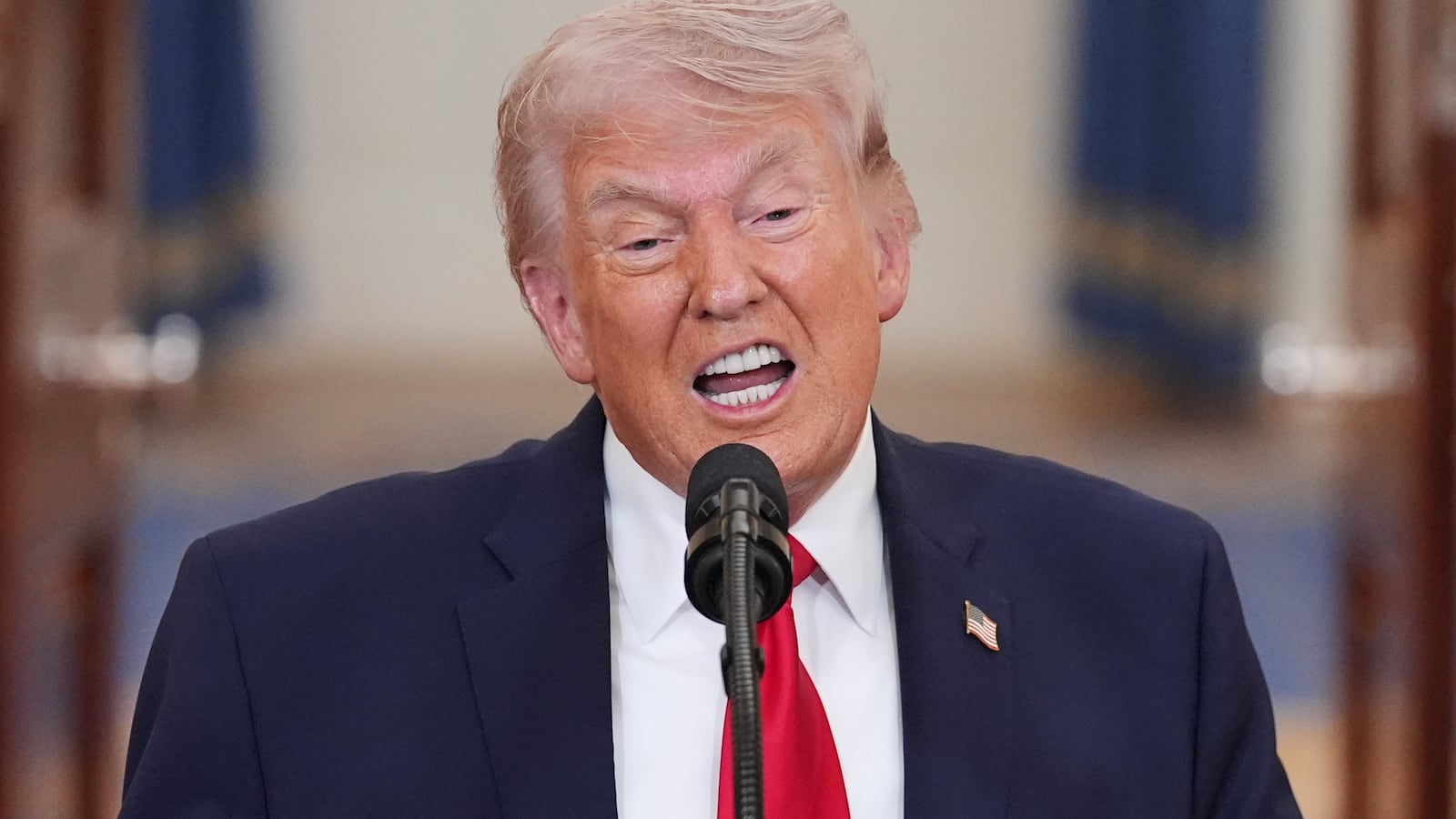 President Donald Trump speaks from the Cross Hall of the White House on April 1, 2026 in Washington, DC. Trump used the primetime address to update the nation on the war in Iran.