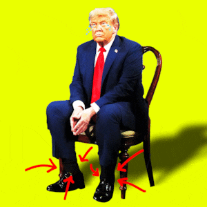Donald Trump sitting in a chair with swollen ankles and arrows pointing at them