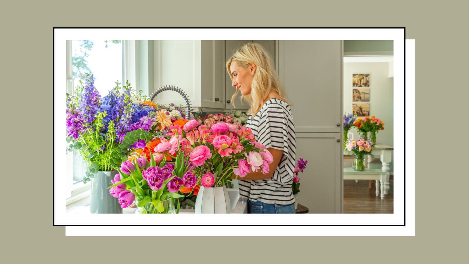 Woman with a bouquet of flowers.