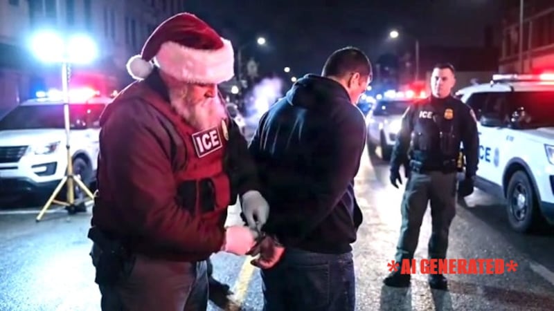 Santa cuffs someone on the streets in the DHS video.